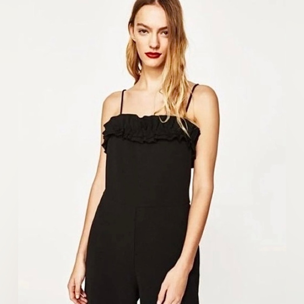 EUC Women’s Black Zara Ruffled Pant Jumpsuit with Spaghetti Straps Size Small - Picture 3 of 8
